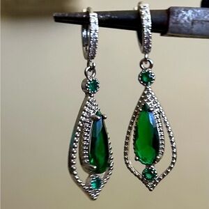 Emerald Green Teardrop Dangle Earrings Silver Tone Rhinestone Halo